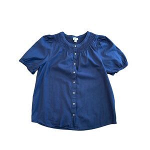 J.Crew Linen-Blend Short-Sleeve Smock-Neck Top Navy Blue Small
